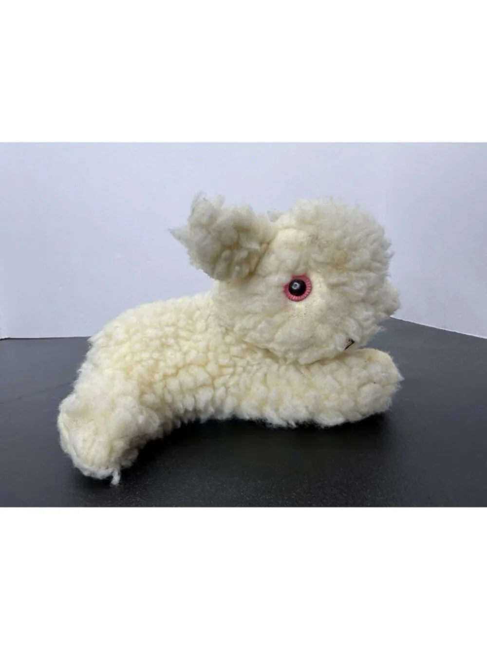 Vintage Laying Sheep Lamb Plush Pink Eyes Sherpa Fur 8 Inch